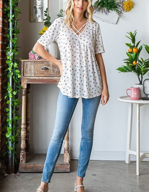 Load image into Gallery viewer, Heimish Full Size Crisscross Ditsy Floral Babydoll Top plus Size
