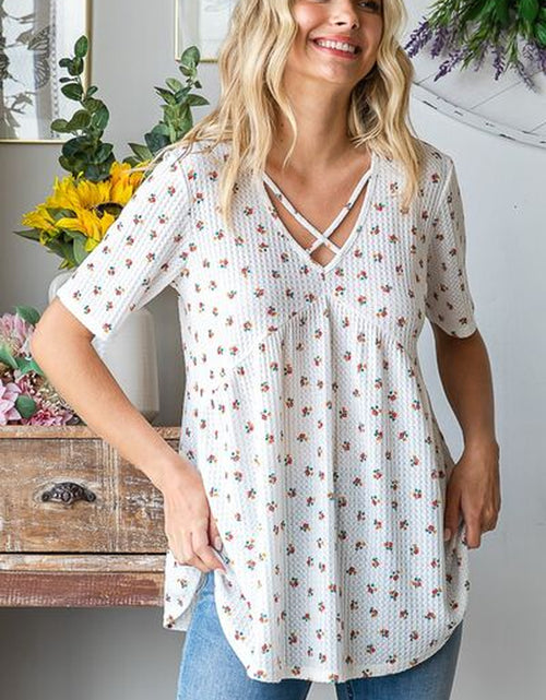 Load image into Gallery viewer, Heimish Full Size Crisscross Ditsy Floral Babydoll Top plus Size
