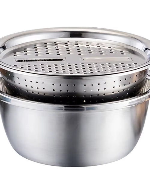 Load image into Gallery viewer, Kitchenpro 3-In-1 Stainless Steel Drain Basket – Multifunctional Colander, Vegetable Slicer &amp; Grater for Effortless Food Prep

