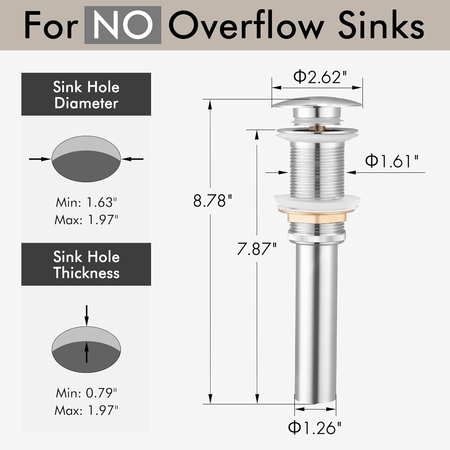 Bathroom Sink Drain without Overflow Vessel Sink Lavatory Vanity Pop up Drain Stopper Polished Chrome, S2008D-CH