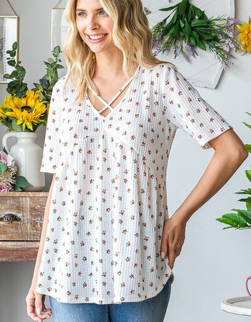 Load image into Gallery viewer, Heimish Full Size Crisscross Ditsy Floral Babydoll Top plus Size
