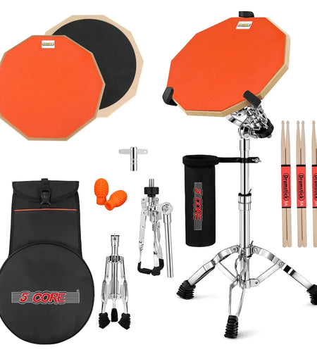 5 Core Drum Practice Pad Set 12" Adjustable Snare Drumming Stand Double Sided Silent Drummer Kit ORANGE