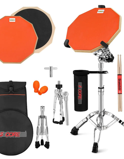 Load image into Gallery viewer, 5 Core Drum Practice Pad Set 12&quot; Adjustable Snare Drumming Stand Double Sided Silent Drummer Kit ORANGE
