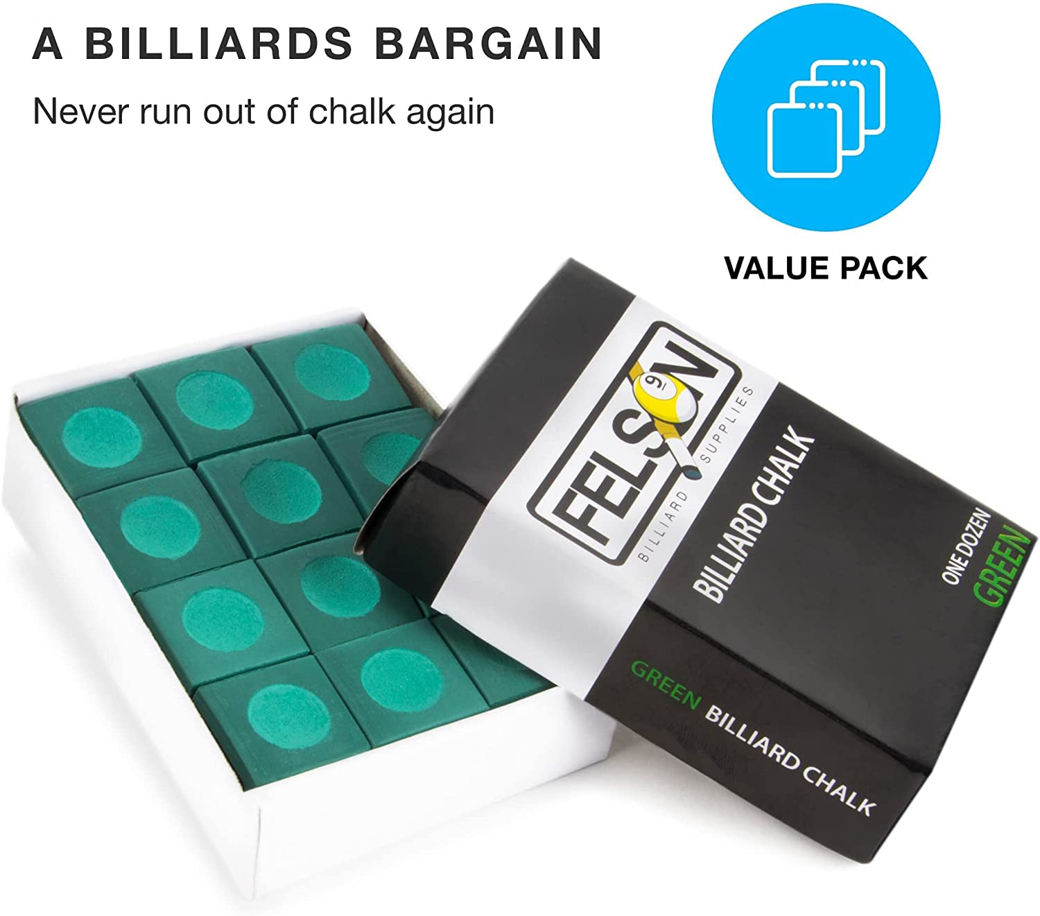 Felson Pool Chalk Cubes - Pool Table Accessories for Table Billiards - Pool Cue Chalk for Games, Tournaments, Bars, Home, Sports and Hobbies, 12-Pack