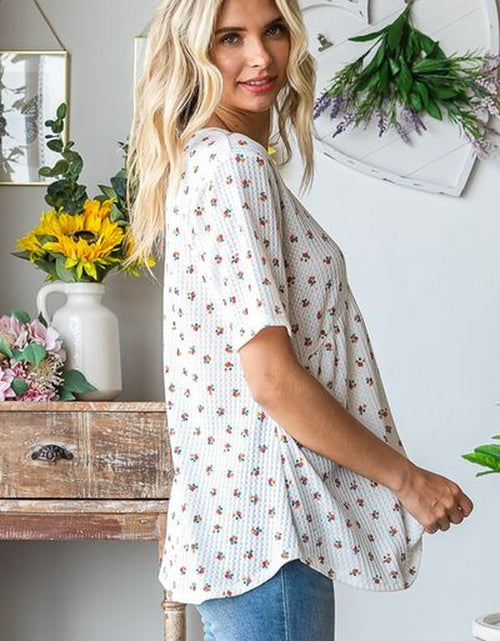 Load image into Gallery viewer, Heimish Full Size Crisscross Ditsy Floral Babydoll Top plus Size
