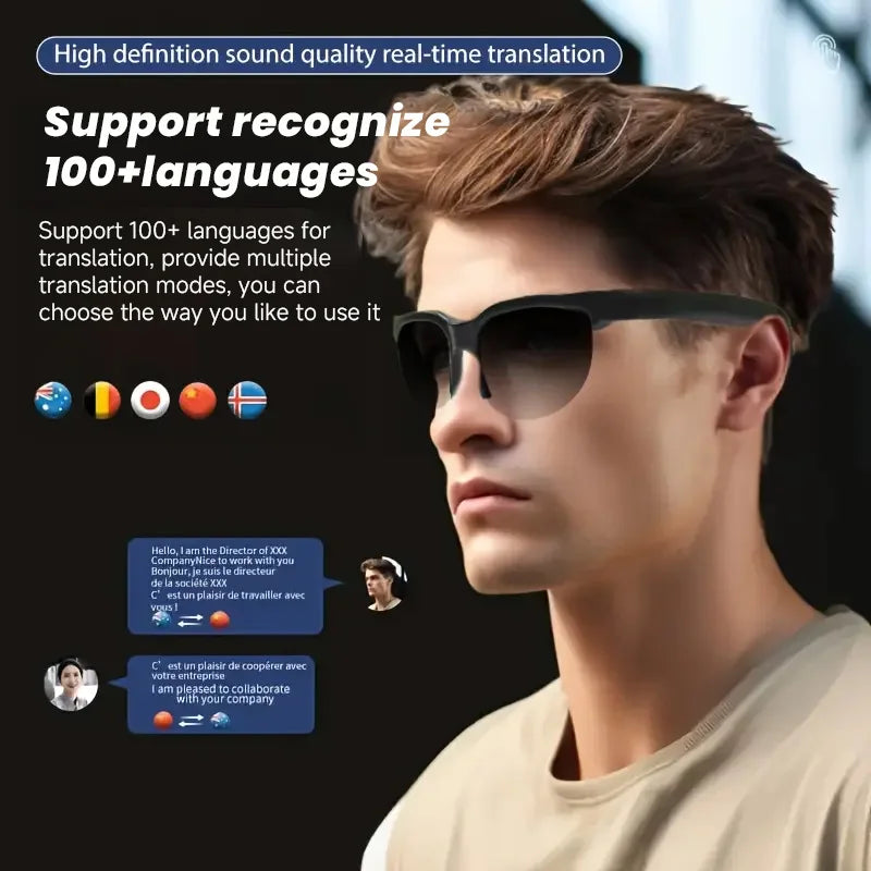 2025 AI Translation Smart Glasses IP4 Bluetooth Call Headphones UV Protective Lenses Connected Bezel Outdoor Sports Sunglasses