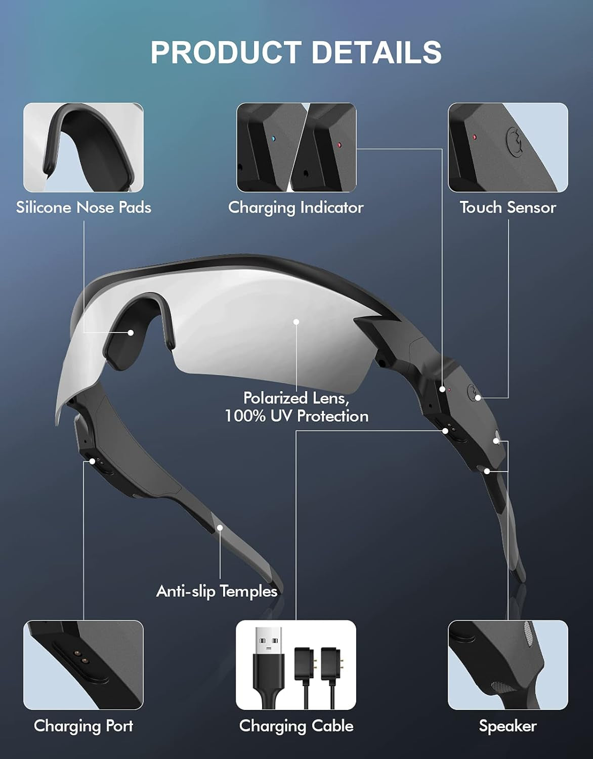 Smart Bluetooth Sunglasses, Wireless Sports Audio Glasses Headset, Open Ear Music Calling Men Women Polarized Sunglass