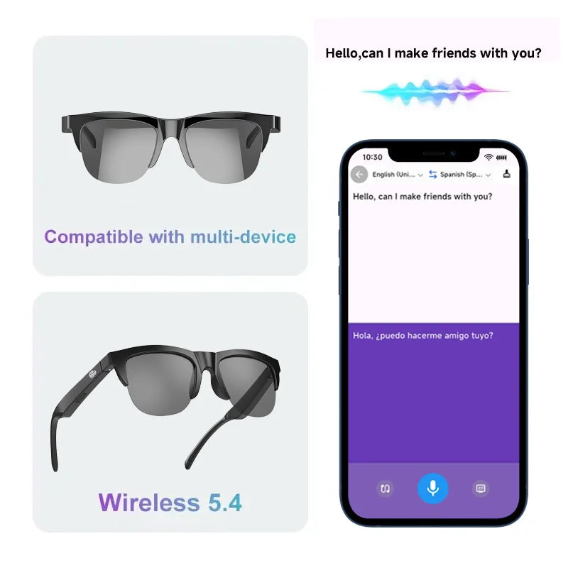 2025 AI Translation Smart Glasses IP4 Bluetooth Call Headphones UV Protective Lenses Connected Bezel Outdoor Sports Sunglasses