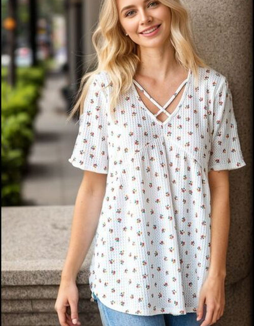 Load image into Gallery viewer, Heimish Full Size Crisscross Ditsy Floral Babydoll Top plus Size
