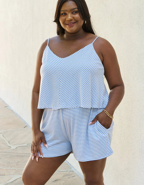 Load image into Gallery viewer, Culture Code Let It Happen Full Size Double Flare Striped Romper in Cobalt Blue
