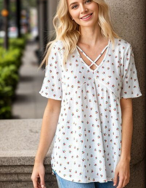 Load image into Gallery viewer, Heimish Full Size Crisscross Ditsy Floral Babydoll Top plus Size
