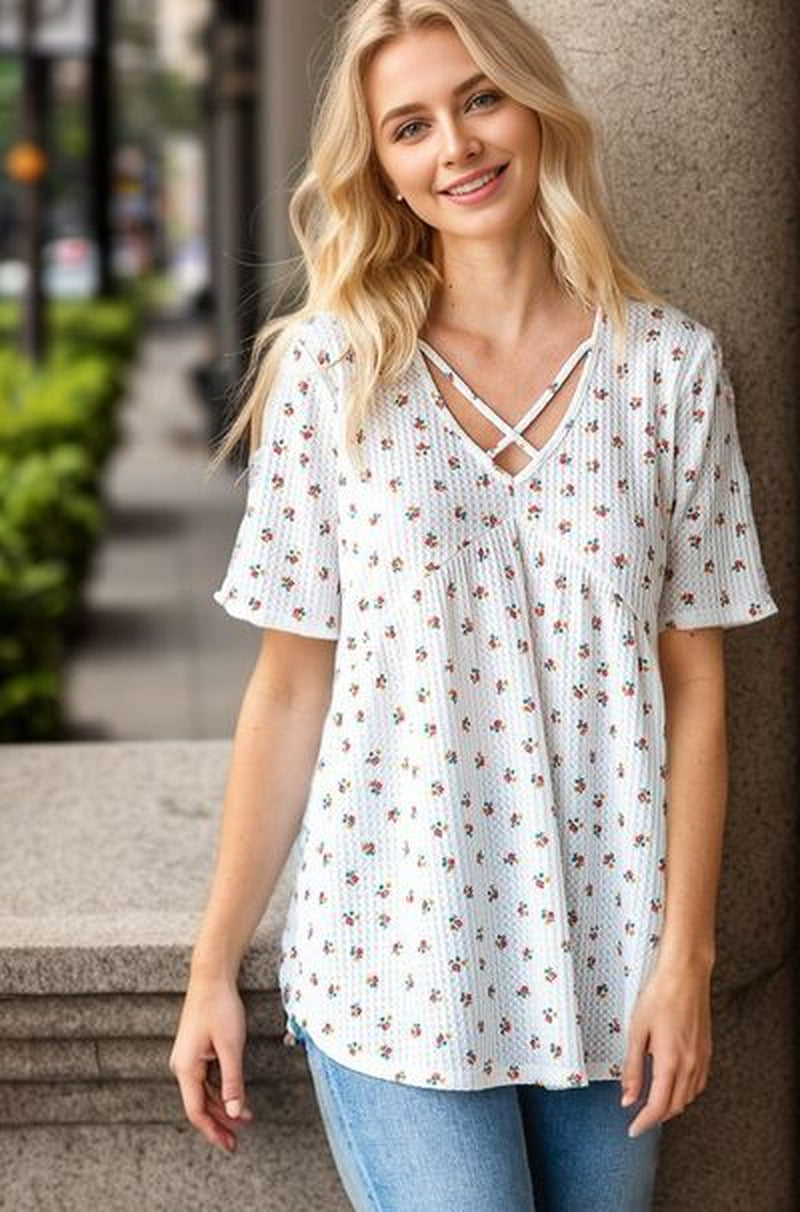 Heimish Full Size Crisscross Ditsy Floral Babydoll Top plus Size