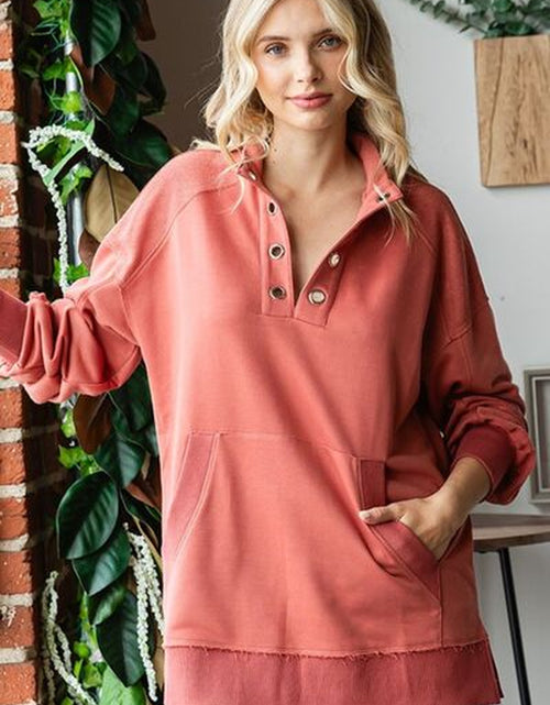 Load image into Gallery viewer, First Love Grommet Split Neck Kangaroo Pocket Sweatshirt
