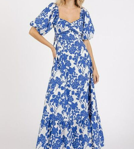 Mittoshop Cutout Back Floral Sweetheart Neck Puff Sleeve Dress