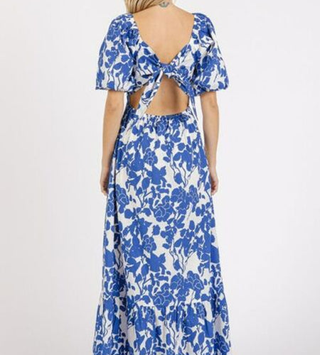 Mittoshop Cutout Back Floral Sweetheart Neck Puff Sleeve Dress