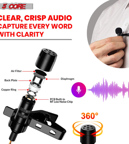 5Core Lavalier Microphone Professional Tiny Shirt Clip on Lapel Mic Mini Wearable Microfono