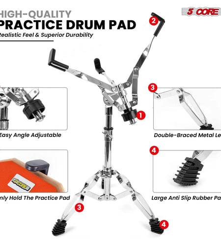 5 Core Drum Practice Pad Set 12" Adjustable Snare Drumming Stand Double Sided Silent Drummer Kit ORANGE