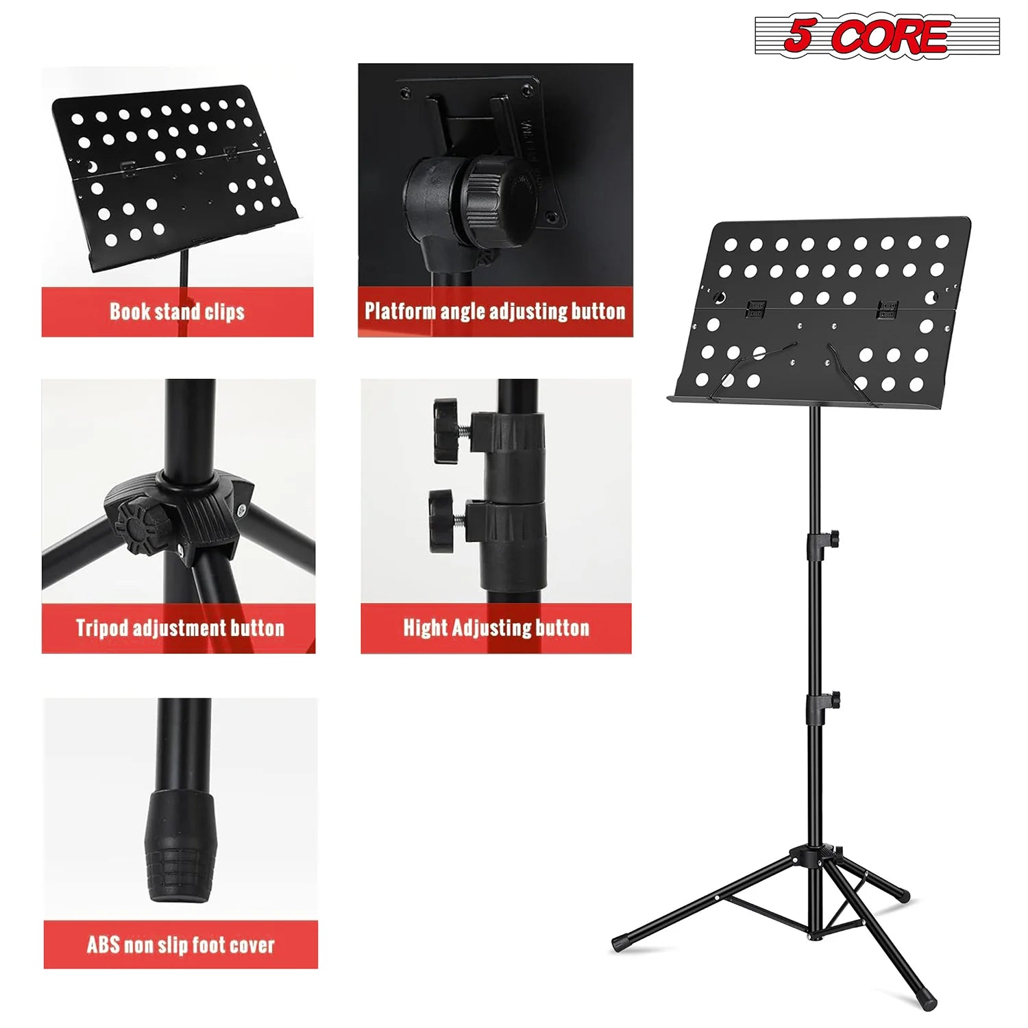 5Core Music Stand for Sheet Music Portable Tripod Adjustable Folding Note Holder BLACK